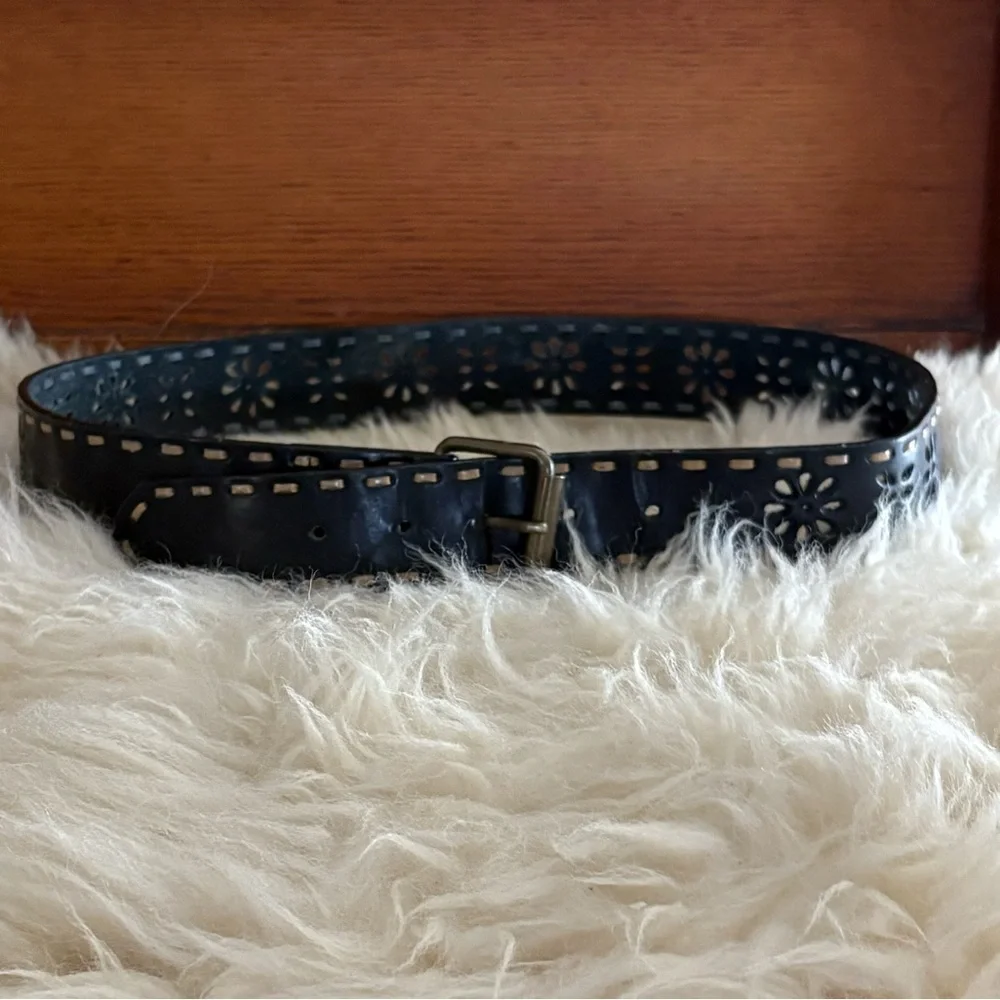 Black Leather Floral Cutout Belt with Tan Stitching